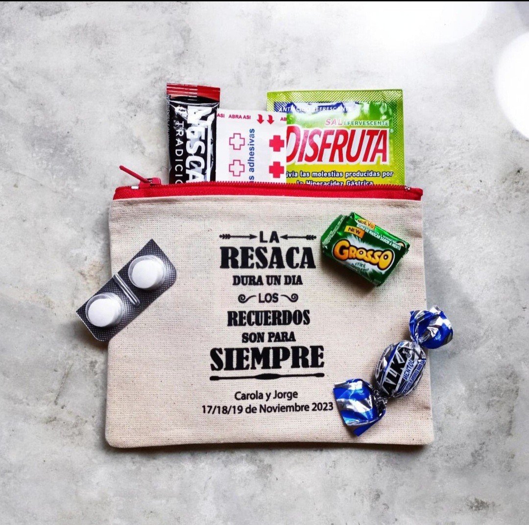 Pack 50 unidades estuche kit anti resaca 12x10cm personalizado